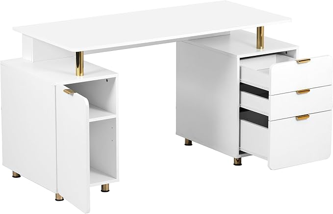 Elegant 56.75 W Executive Desk with 3 Drawers and Storage Cabinet Modern Office Desk with Gold Accents Floating Work Surface Closed Storage with Ventilation &amp Adjustable Shelf (WhiteGold)