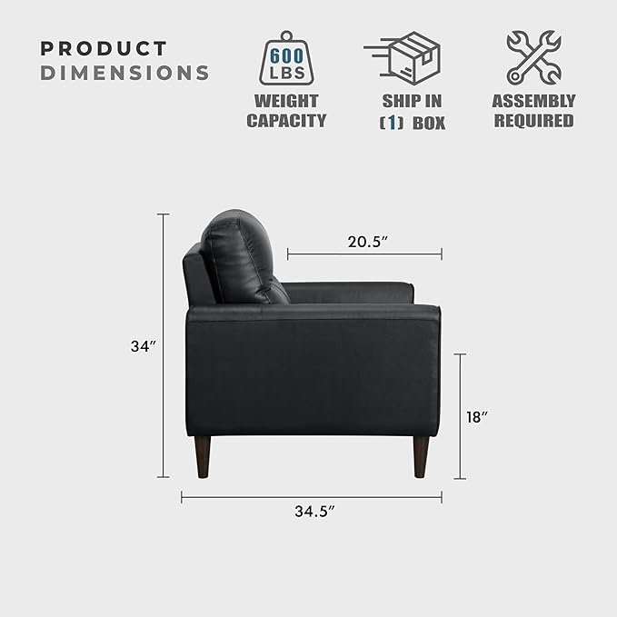 Lexicon Leather Match Loveseat Sofa Modern Couch Sofa Oversized Loveseat Solid Wood Legs Top Grain Leather 2 Seater Couch for Living Room Bedroom Office Apartment Waiting Room Black