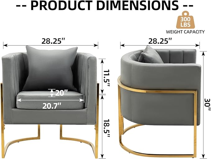 X-VOLSPORT Velvet Accent Barrel Chairs Set of 2 Modern Arm Club Chair Set with Pillow for Living Room/Bedroom/Guest Reception Channel Tufted Gold Finish Base Grey