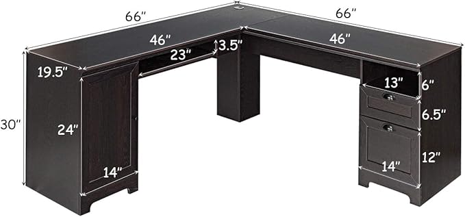 GOFLAME 66 Inch L-Shaped Computer Desk Spacious Corner Desk w/Drawers Cabinet &amp Keyboard Tray Executive Office Desk Study Gaming Workstation for Home Office (Coffee)