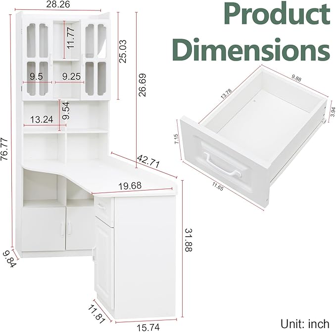 White Corner Desk with Bookshelf 2-in-1 L Shaped Desk with Hutch &amp Drawers Home Office Desk with Shelves &amp Storage Wooden Structure Easy Assembly (White)