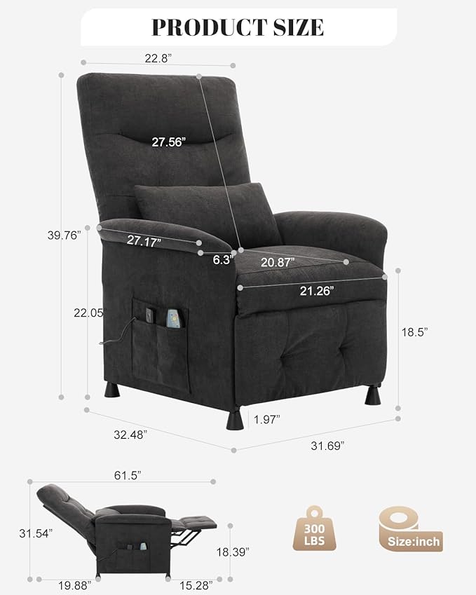 Power Recliner Chair for Adults - Electric Reclining Sofa with Side Pocket &amp Remote Adjustable Recliner for Living Room or Home Theater Seating