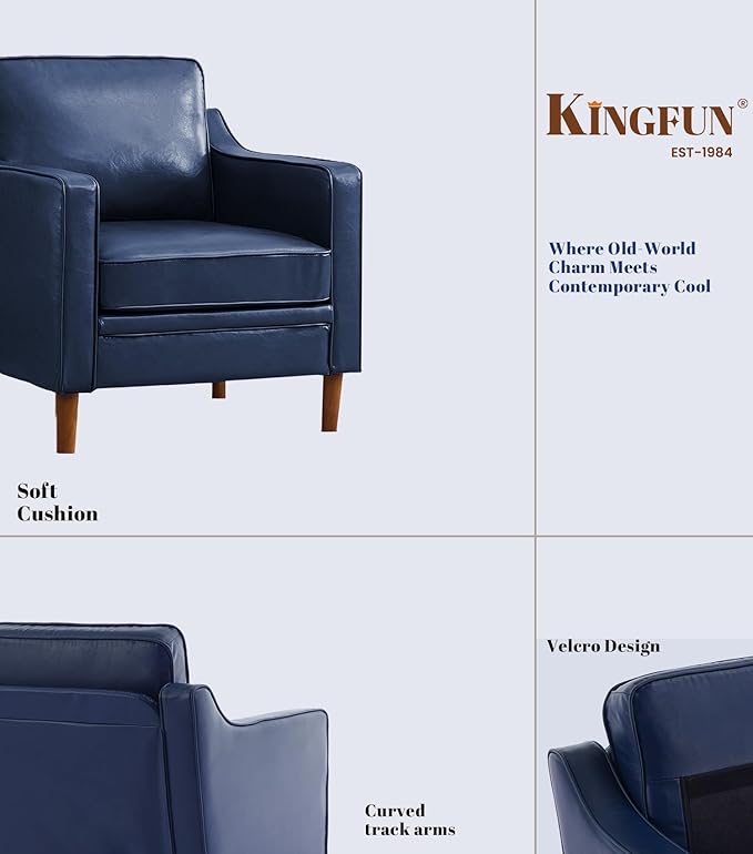 Kingfun Accent Chair Living Room Chairs Faux Leather Reading Armchair Mid Century with Solid Wood Foot Upholstered Modern Decor for Bedroom Apartment Royal Blue
