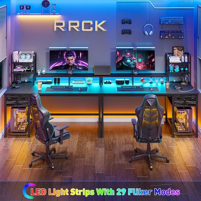 44 Inch Gaming Desk with Hutch and DrawersReversible Computer Desk with Monitor ShelfHome Office Desks with USB Power Outlets and StoragePc Small Gaming Desk for Office with LED LightsBlack