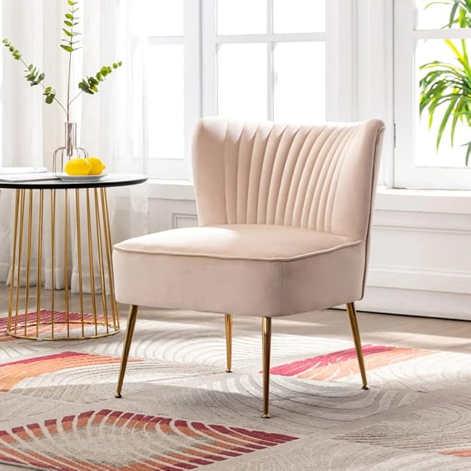 Mid Century Design Lounge Chair Living Room Accent ChairVertical Channel Tufting Iconic Silhouette |Accent Barrel Side Arm Chair |Solid Wood Frame Flared Gold-Finished Metal Legs Tan Taupe Color
