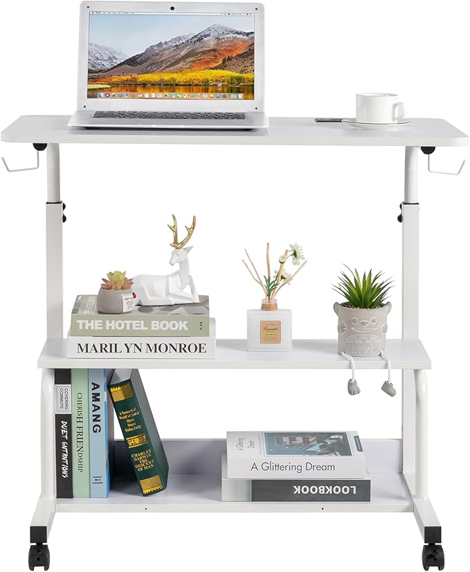 Wooden Adjustable Height Portable Laptop DeskMobile Rolling Computer DeskSofa Bedside Laptop TableHome Office Laptop Workstationwith Power Outletsfor Small Spaces Bedroom Apartment (White)