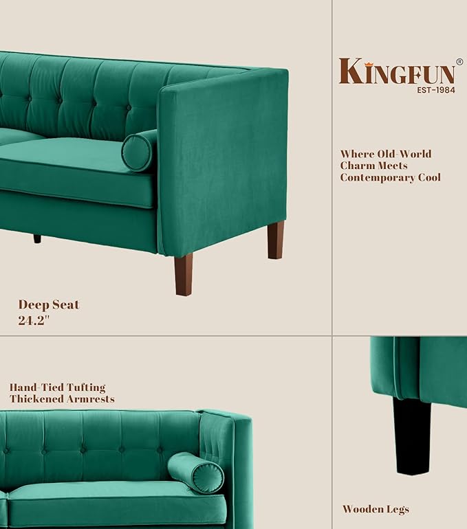 Kingfun 78 Couch for Living Room Mid Century Modern Sofa Velvet Loveseats with Bolster Pillows Home Sofa for Bedroom Green