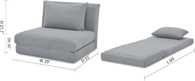 Artdeco Home Convertible Chair Bed 29 W Fold Sofa Bed with 1 Matching Pillow for Small Space Living Room and Apartment (Polyester Moonlight)