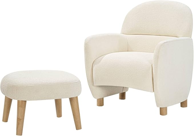 Modern Barrel Chair with Ottoman Upholstered Armchair with Wooden Legs Backrest Single Sofa Soft Cushion Seating Comfy Lounge Chair for Living RoomBedroomReading Corner (White)