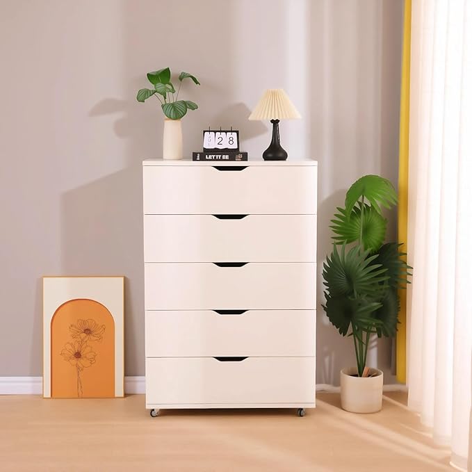 Vertical File Cabinet 5 Drawer Mobile File Cabinet Under Desk Wooden Filing Cabinet Storage Organization Filing Cabinet with Wheels for Home Office (Y-White)