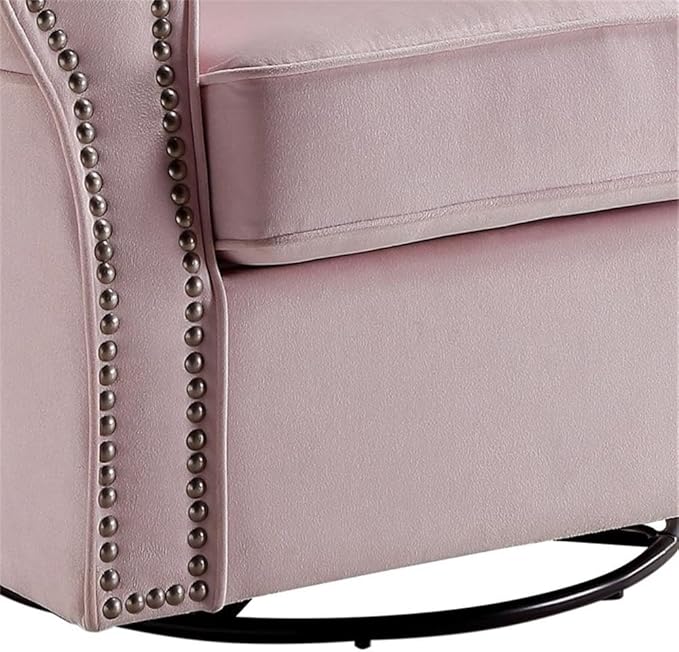 BOWERY HILL Contemporary Swivel Chair with Glider Pink Fabric Upholstery Wingback Design Nailhead Trim Loose Seat Removable Cushion Cover 35 L x 34 D x 37 H Accent Chair for Living Room