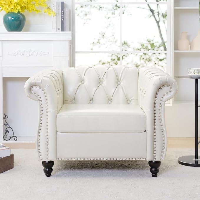 Modern Chesterfield Armchair PU Leather Rolled Arm Tufted Back Accent Chairs Upholstery Nailhead Trim for Living Room Office (White PU)