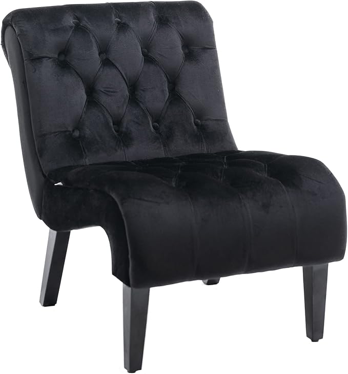 Accent Chair Living Room Reading Chairs Comfy Velvet Upholstered Mid Century Modern Accent Chair Tufted Back Armless Chair with Wooden Legs for Living Room Bedroom Office Black