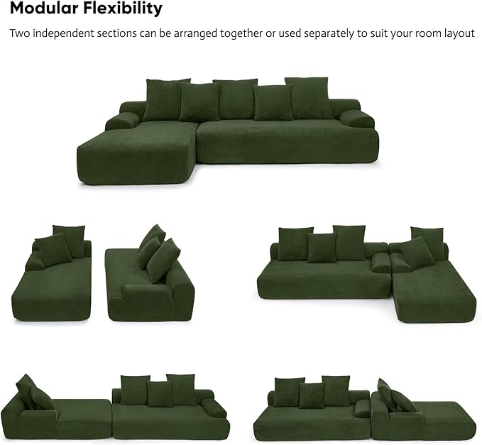 JOYBASE 110 Modular Sectional L-Shaped Cloud Couch Minimalist 4 Seat Couch with Deep Seat Left Facing Chaise for Living Room Office No Assembly Required (Green)