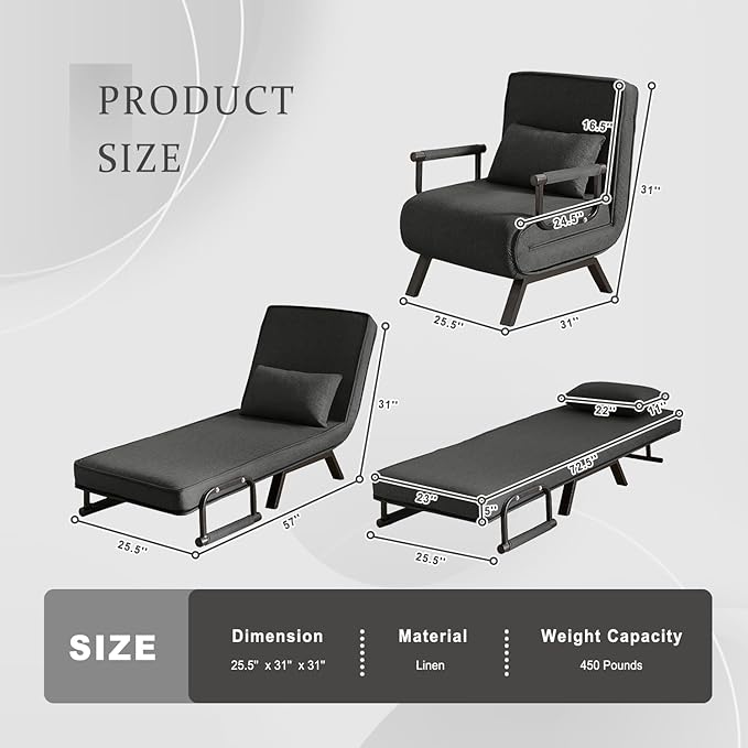 Convertible Sleeper Chair 5 in 1 Folding Sofa Bed with 5-Position Adjustable Backrest &amp Pillow Floor Single Chairs Cozy Futon Chair for Small Spaces Apartment Bedroom Office (Black)