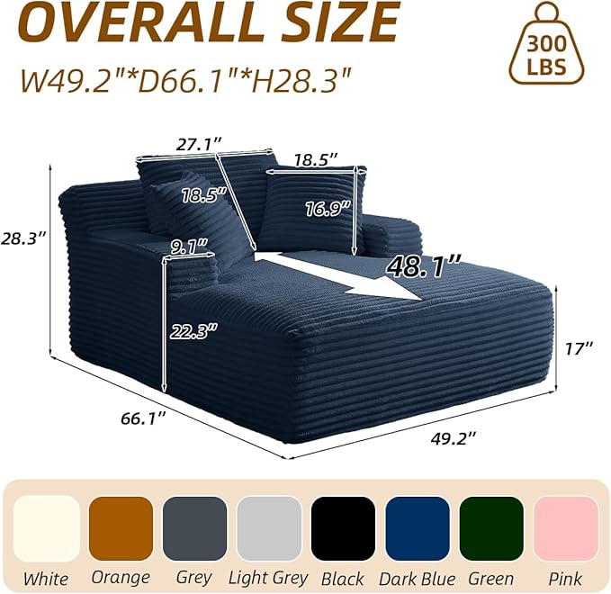 Oversized Chaise Lounge Chair Indoor Bedroom Comfy Corduroy Upholstered Sofa Bed Chair Deep Seat Single Sofa Couch No Assembly Required Sleeper Chair Couch for Living Room (Dark Blue)