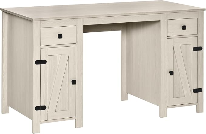Farmhouse Computer Desk with Storage Home Office Desk with 2 Drawers and 2 Cabinets Cream White