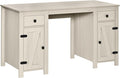Farmhouse Computer Desk with Storage Home Office Desk with 2 Drawers and 2 Cabinets Cream White