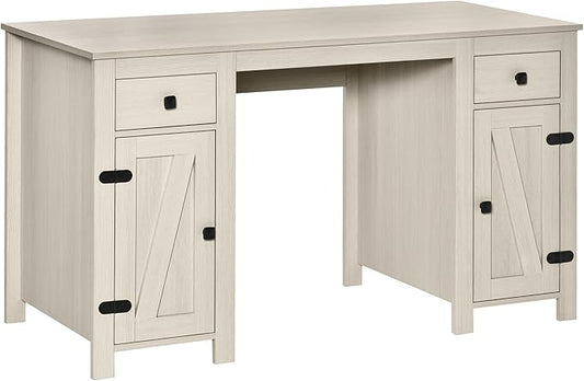 Farmhouse Computer Desk with Storage Home Office Desk with 2 Drawers and 2 Cabinets Cream White
