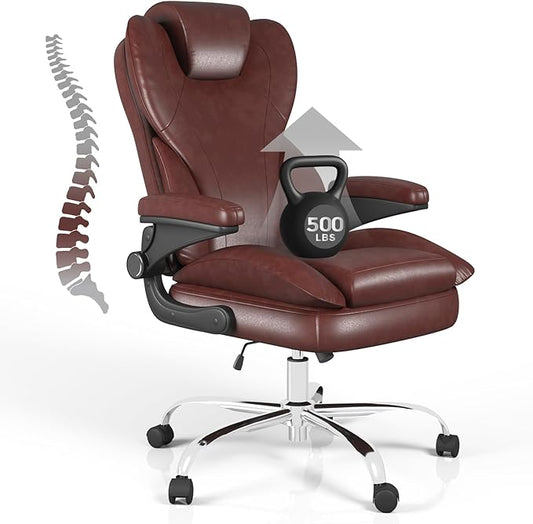 Office Desk Chair Executive Leather Office Chair High Back Ergonomic Home Desk Chair with Padded Flip-up Arms Big and Tall Computer Chair with Rocking Function 360°Swivel Free Brown