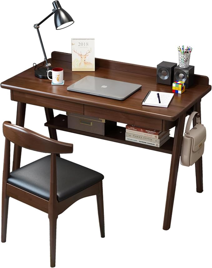 Writing Desk with 2 Drawers and Storage Shelf Modern Simple Solid Wood Writing Study Desk Workstation Home Office Desk(39Inch Walnut)