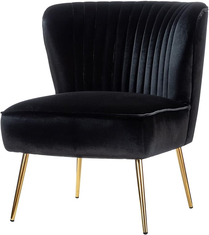 HULALA HOME Velvet Accent Chair Modern Upholstered Cute Side Chair with Gold Metal Legs Armless Wingback Slipper Chair Comfy Living Room Chair for Bedroom Guest Room VanityBlack