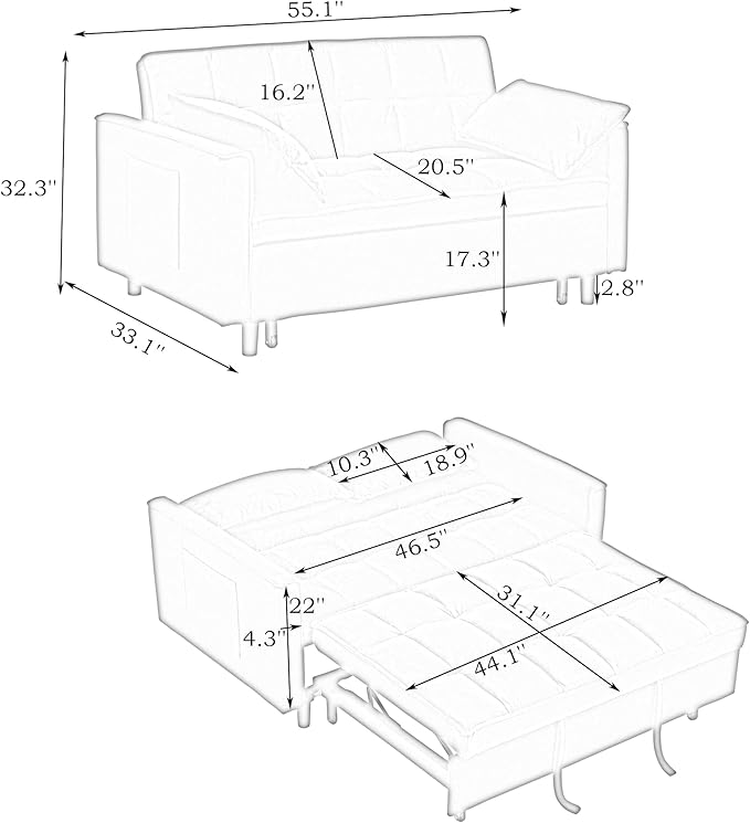 3 in 1 Convertible Sofa BedModern Velvet Loveseat Sleeper Sofa Bed with Adjustable Backrest Storage Pockets and PillowsSuitable for Living RoomGuest RoomBeige