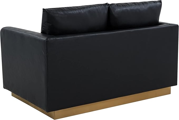 LeisureMod Nervo Modern Upholstered Leather Loveseat Sofa 2-Seater Living Room Couch with Gold Metal Base and Removable Cushions Small Space Furniture for Living Room Office Waiting Area Black