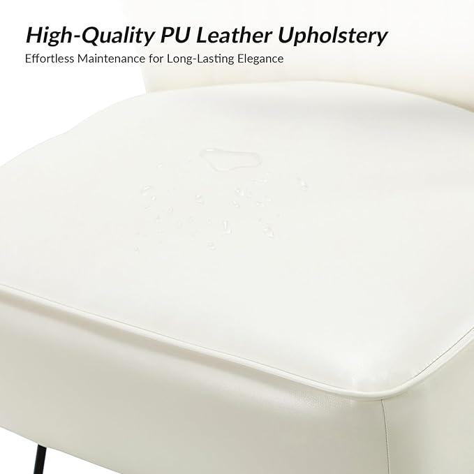 HULALA HOME Faux Leather Accent Chair with Metal Base Mid Century Modern Living Room Chair Comfy Upholstered Armless Side Chair for Bedroom Ivory