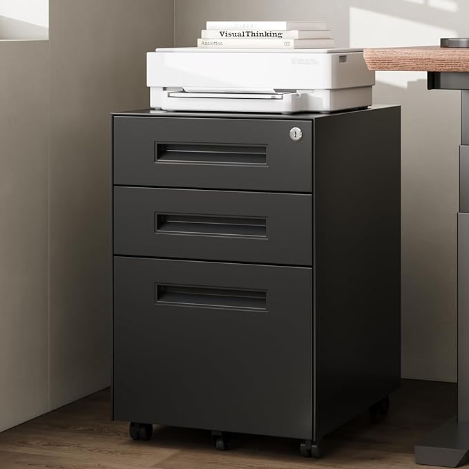 Dripex 3 Drawer File Cabinet Mobile File Cabinet with Lock on Wheels Letter/Legal Size Fully Assembled Modern Small Short Vertical Metal Rolling Filing Cabinets Under Desk for Home Office (Black)