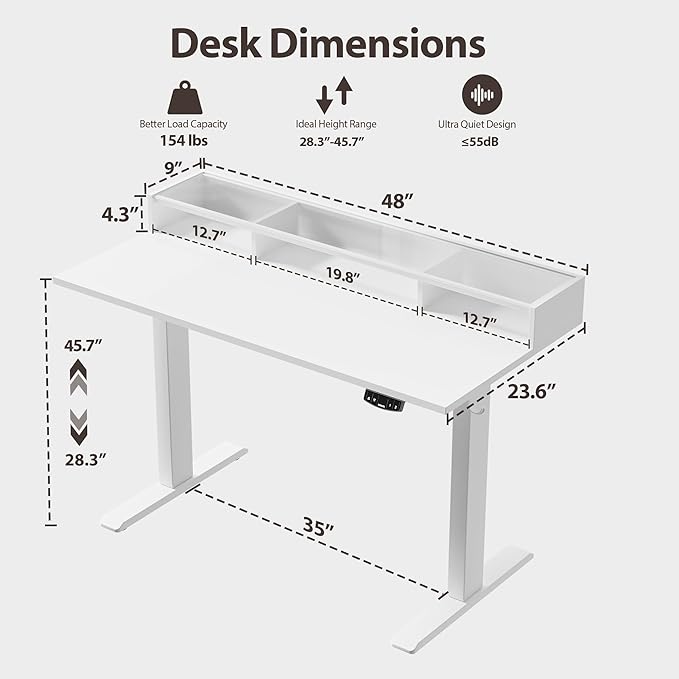 Agilestic Glass Standing Desk with Storage 48 Inch Electric Adjustable Desk with Glass Shelf Sit Stand Up Home Office Computer Table Splice Board White