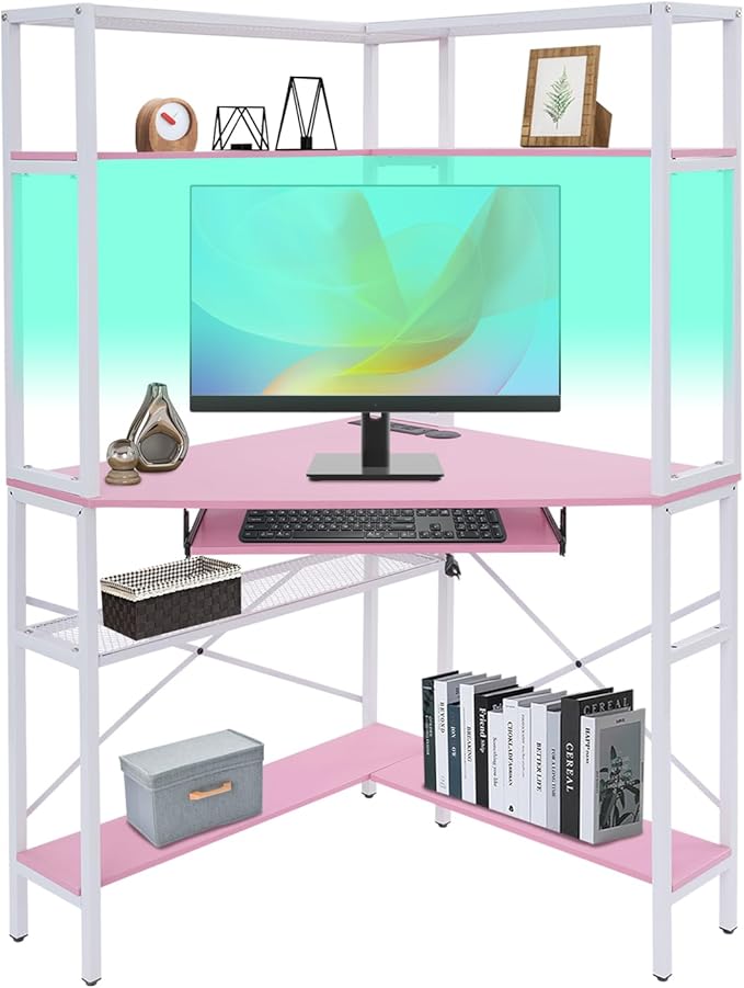 Corner Small Desk for Small Space 29.5”*29.5”*60” Corner Computer Desk with USB Ports Triangle Gaming Desk with with RGB LED Lighting for Home Office Living Room Bedroom (Pink)