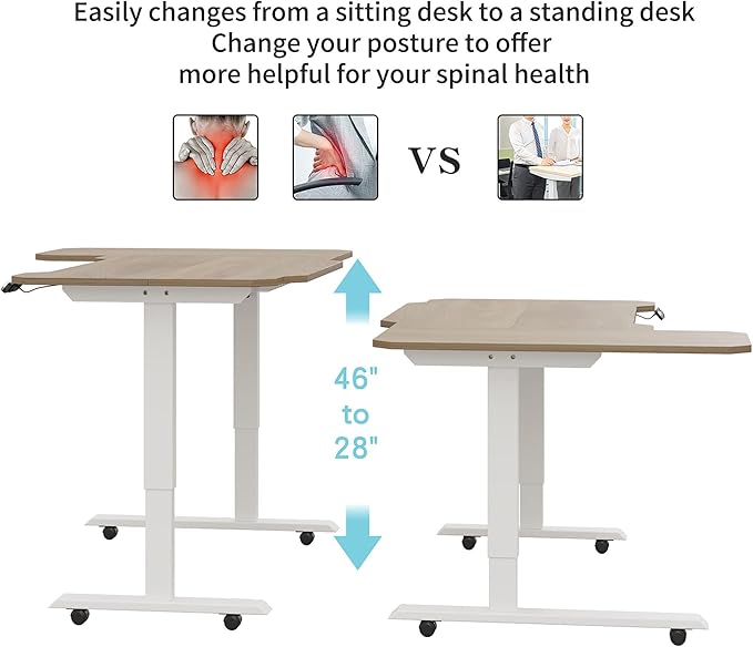 L-Shaped Electric Standing Desks Adjustable Height Black Wood Top Rising Desks for Home Office 59 Inch Sit Stand Desk Electric with Wheels &amp Type-C Port/Controller (Oak)