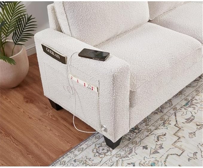 BOWERY HILL Transitional 57 W Boucle Fabric Loveseat Sofa with Built-in USB Charging Port and Functional Side Pockets in Beige