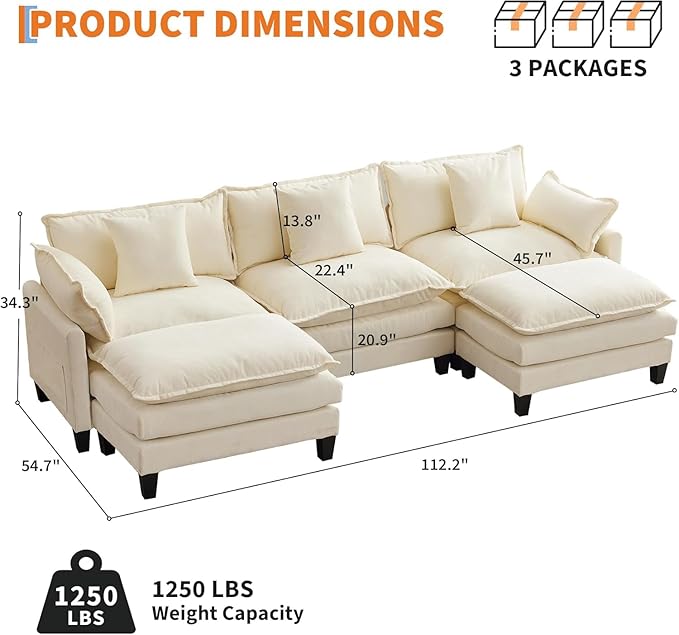 112 Modular Sectional Sofa U-Shape Cloud Couch/Deep Seat/Armrest/Plush Corduroy Fabric No Assembly Required Space-Saving 200 Pounds Chenille Combo Set with 2 Footstool for Living Room