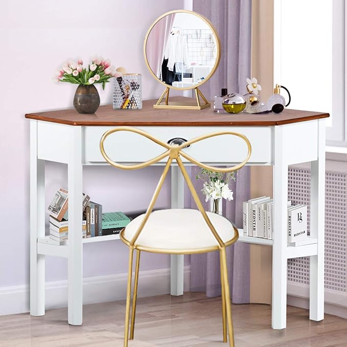 RELAX4LIFE Corner Computer Desk Triangle with Drawer and Shelves Stable Laptop PC Table Home Office Writing Desk Study Workstation Desk (Natural)