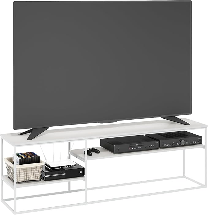 Furinno Moretti TV Stand 3-Tier Metal Frame Modern Entertainment Center Open Shelf TV Console for TV up to 70 Inch for Living Room Bedroom Solid White