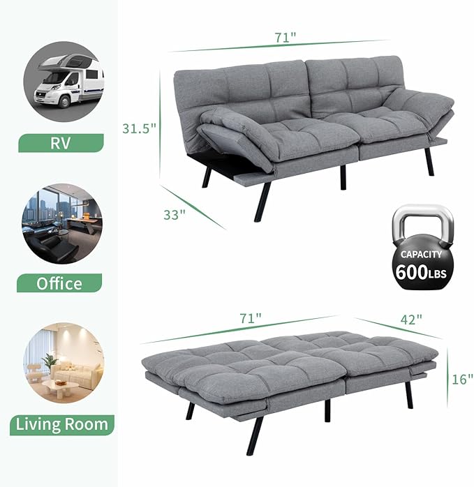MUUEGM 71 Futon Sofa Bed Convertible Couch Bed Modern Loveseat with Adjustable Backrest&ampArmrest Sofas for Living RoomGame RoomDormitoryOffice.Light Grey Fabric