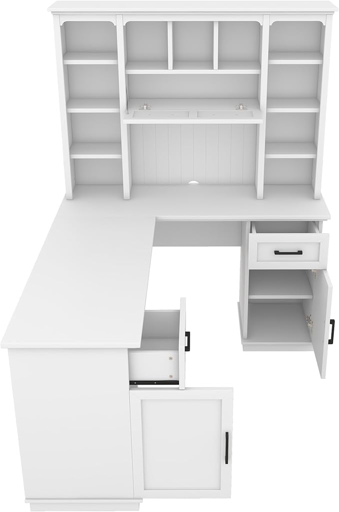 Multi-Function Wood Home Office Computer Desk with Storage Cabinets and Bookcases L-Shaped Executive Desk Writing Desk Study Workstation for Office Study Room (White-L)