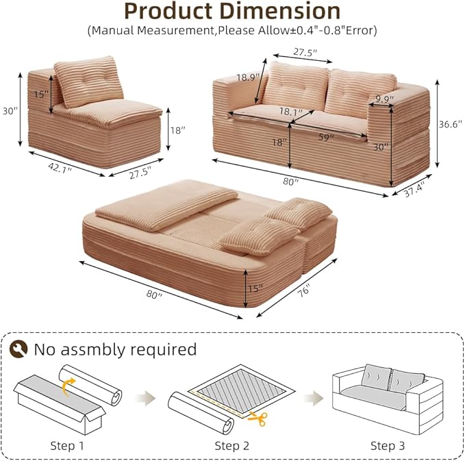 80'' Futon Sofa Bed with 3 Pillows and BlanketKing Size Convertible Sofa Bed2 Seat Sofa Bed and +1 ChaiseNo AssemblyCozy Corduroy Folding Mattress Couch for Living Room Apartment Office (Pink)