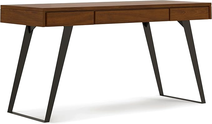 SIMPLIHOME Lowry Desk - 54 Inch Wide Solid Walnut Veneer and Metal Writing Desk Modern Industrial Home Office Computer Table for Workspace with 2 Drawers and Flip-Down Keyboard Tray