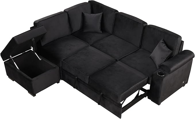 LUMISOL 87 Convertible Sofa Bed with Storage Ottoman L-Shaped Sectional Sofa with Cup Holder &amp USB Ports Pull Out Sleeper Sofa Couch with Chaise for Living Room Small Apartment Black