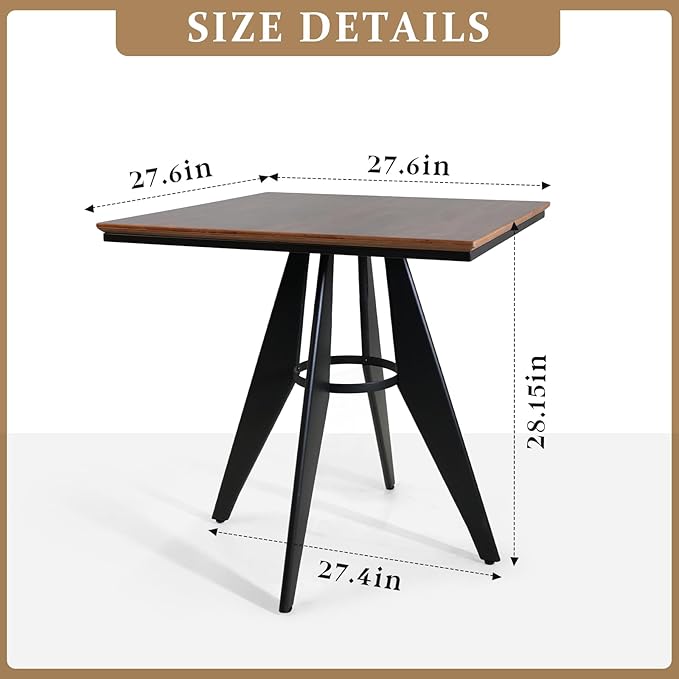 Square Cafe Table - 27.6 Oak Wood Top Metal Frame 28.15 High Modern Industrial Dining Table for Kitchen Home Office Bistro Compact for Space Saving