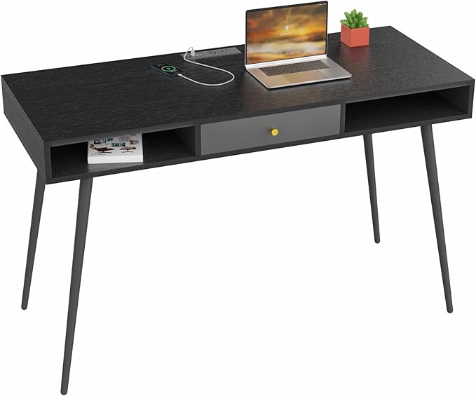 Generic Mid Century Desk with USB Ports and Power Outlet Modern Writing Study Desk with Drawers Multifunctional Home Office Computer Desk Black