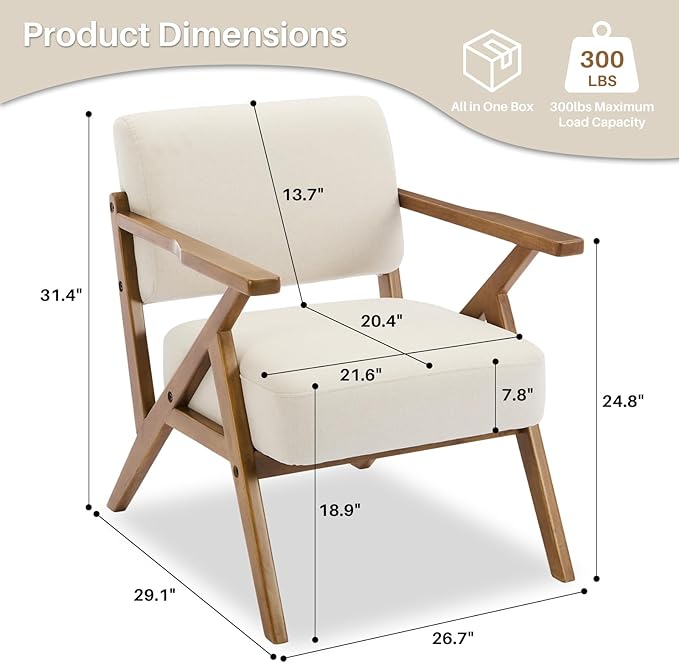 Mid Century Modern Accent Chair Set of 2 Linen Upholstered Boho Armchairs for Living Room Wood Frame Leisure Chair for Bedroom/Balcony/Hotel/CaféBeige