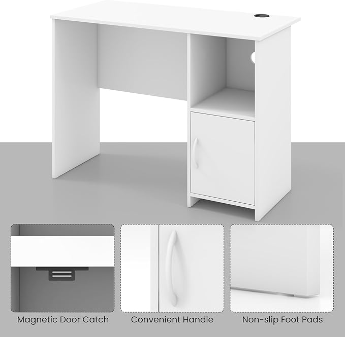 COSTWAY 42” White Home Office Desk Modern Computer Workstation with Open Compartment &amp Cabinet Compact Writing Desk with Cable Holes for Bedroom Study Room Dorm