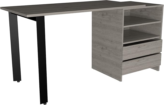 Modern Writing Desk with Drawers 2 Shelves Metal Legs - Light Gray - Home Office Furniture