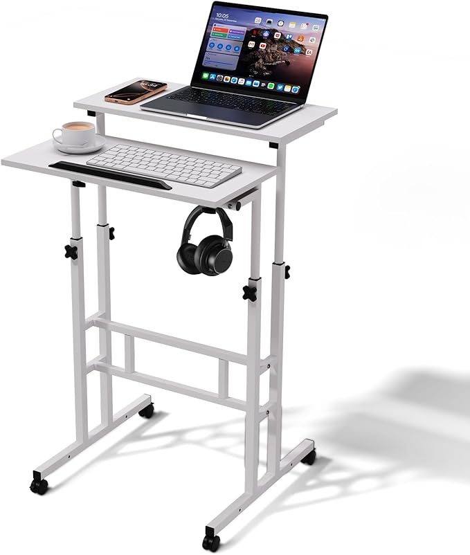 Magshion Standing Desk with Wheels Height Adjustment from 28 to 46 Sit to Stand Up Mobile Computer Desk Rolling Laptop Cart for Home Office Walking Pad Writing and Gaming White
