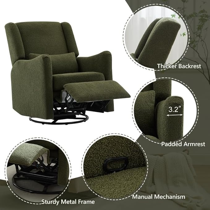 Polibi 29.5'' Wide Wingback Swivel Rocker Recliner Chair Rocking Chair with Head &amp Lumbar Support Modern Accent Chair for Living Room Seaweed Green + Teddy