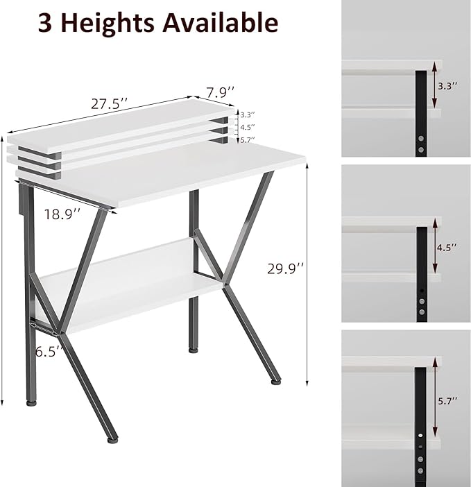 COTUBLR Small Desk Small Computer Desk for Spaces 27.5 Inch Computer Desk with Adjustable Monitor Stand Compact Desk with Storage for Bedroom Home Office White Tabletop+Black Frame